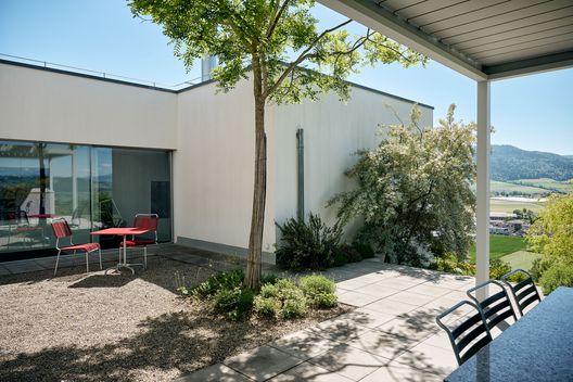 Terrasse mit Sitzplatz, Bäumen und abwechslungsreicher Bepflanzung bei modernem Wohnhaus am Hang