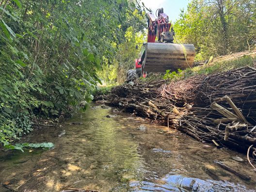 Baggerarbeiten am Dorfbach Jegenstorf mit Holzfaschinen zur Ufersicherung.