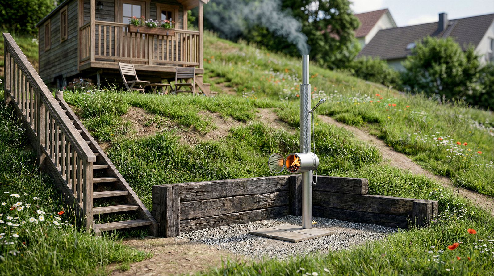 Gartendusche mit Warmwasser im Aussenbereich
