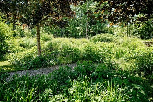 Naturnah gestalteter Garten mit Kiesweg, Bäumen, Stauden und Gräsern beim Mehrfamilienhaus