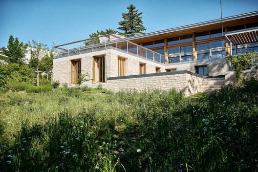 Hochwertiger Neubau mit Natursteinfassade, Terrasse und blühender Wiesenfläche im Privatgarten